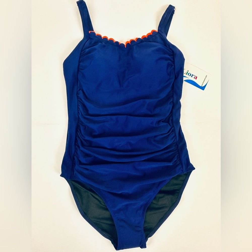 LIORA Blue One Piece Swimsuits Retro Orange Scalloped  Ruched Tummy Cont…
